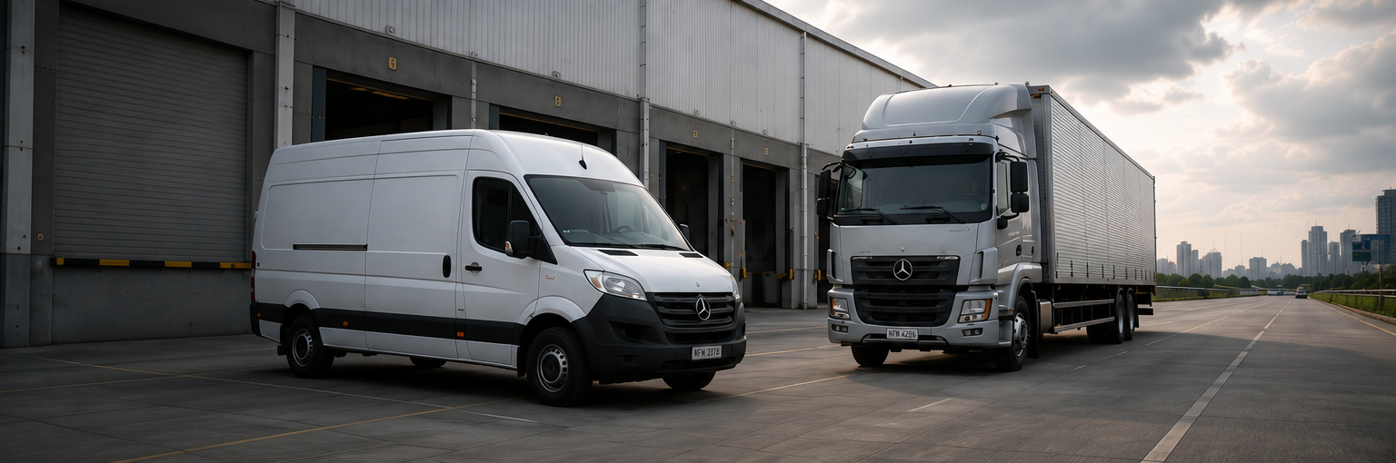 Delivery van and freight truck staged outside a logistics warehouse